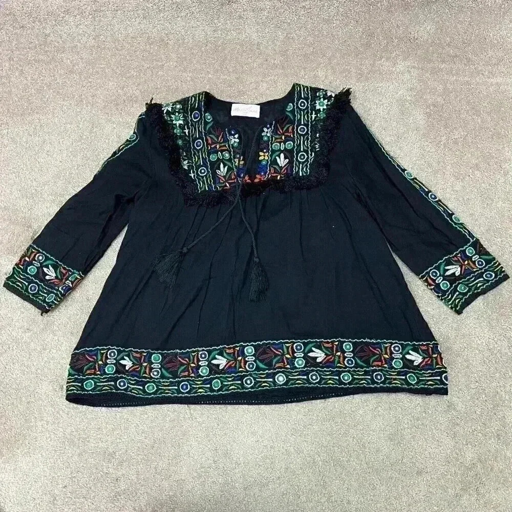 Miss June Blouse Women’s Black Embroidered Floral Long Sleeve Medium Tasseled